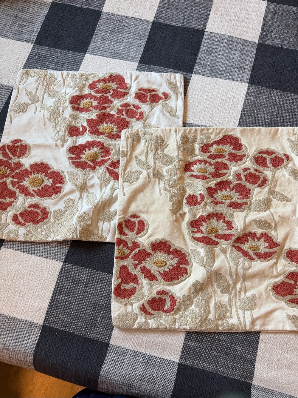 Pottery Barn Cream Pillow Covers with Red Poppy Embroidery - Pair
